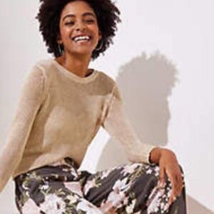 LOFT Gold Metallic Open Knit Crewneck Sweater